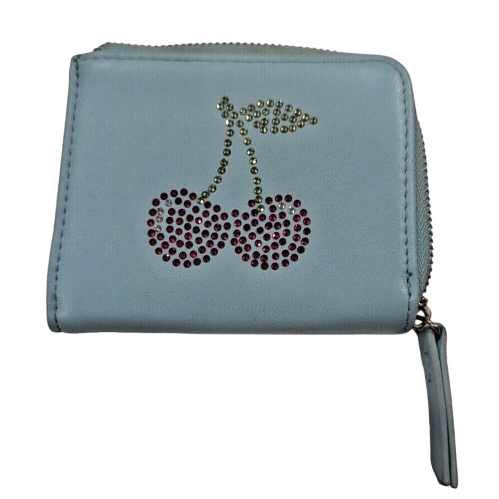 Baby Blue‎ Cherry Rhinestone Coin Purse Wallet Zip Around Cute Kawaii Chic Y2K